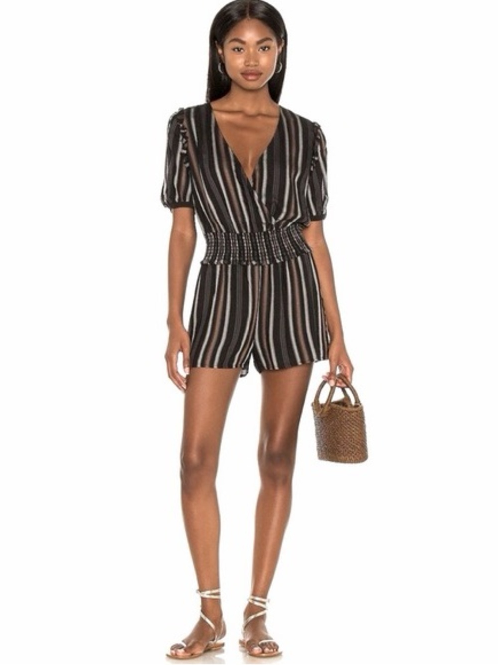 PAIGE Women's Laya Puff Sleeves Faux Wrap Striped Romper, Size M, NWT $209